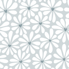 Vector groovy style chamomile seamless pattern. White flowers with a heart shaped core on grey background. Floral retro print for Valentines day wallpaper, fashion print design, fabric, textile, decor