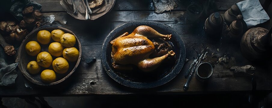 Roasted chicken and lemons on a rustic wooden table. - Powered by Adobe