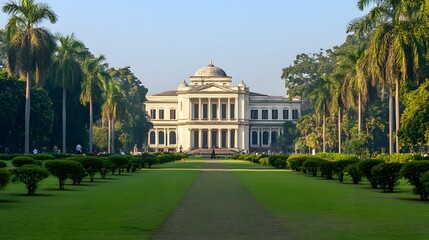 Distant view of the Indian Museum in Kolkata with lush gardens