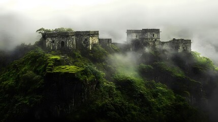Landscape of the twin hill forts Rajmachi in mist