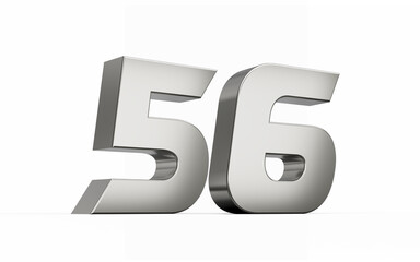 3d Silver number 56 Fifty six sleek metallic look isolated on white background, 3d illustration