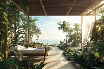 A tropical island hospital with outdoor patient accommodations, a view of the ocean, and a soothing atmosphere.