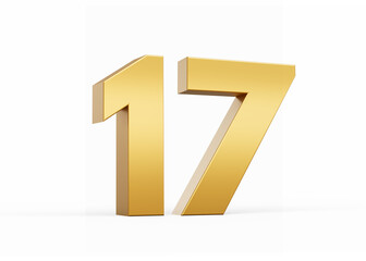 3D Golden number 17 Seventeen isolated on white background, 3d illustration