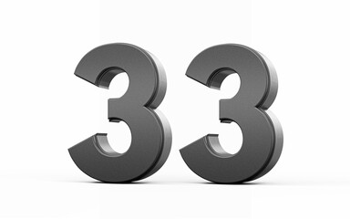 Sleek, metallic Black number 33 Thirty three standing on a white background, 3d illustration