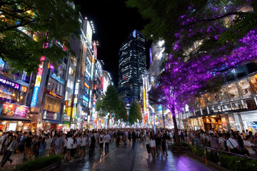 Naklejka premium Bustling city street filled with people enjoying nightlife in Tokyo during the evening