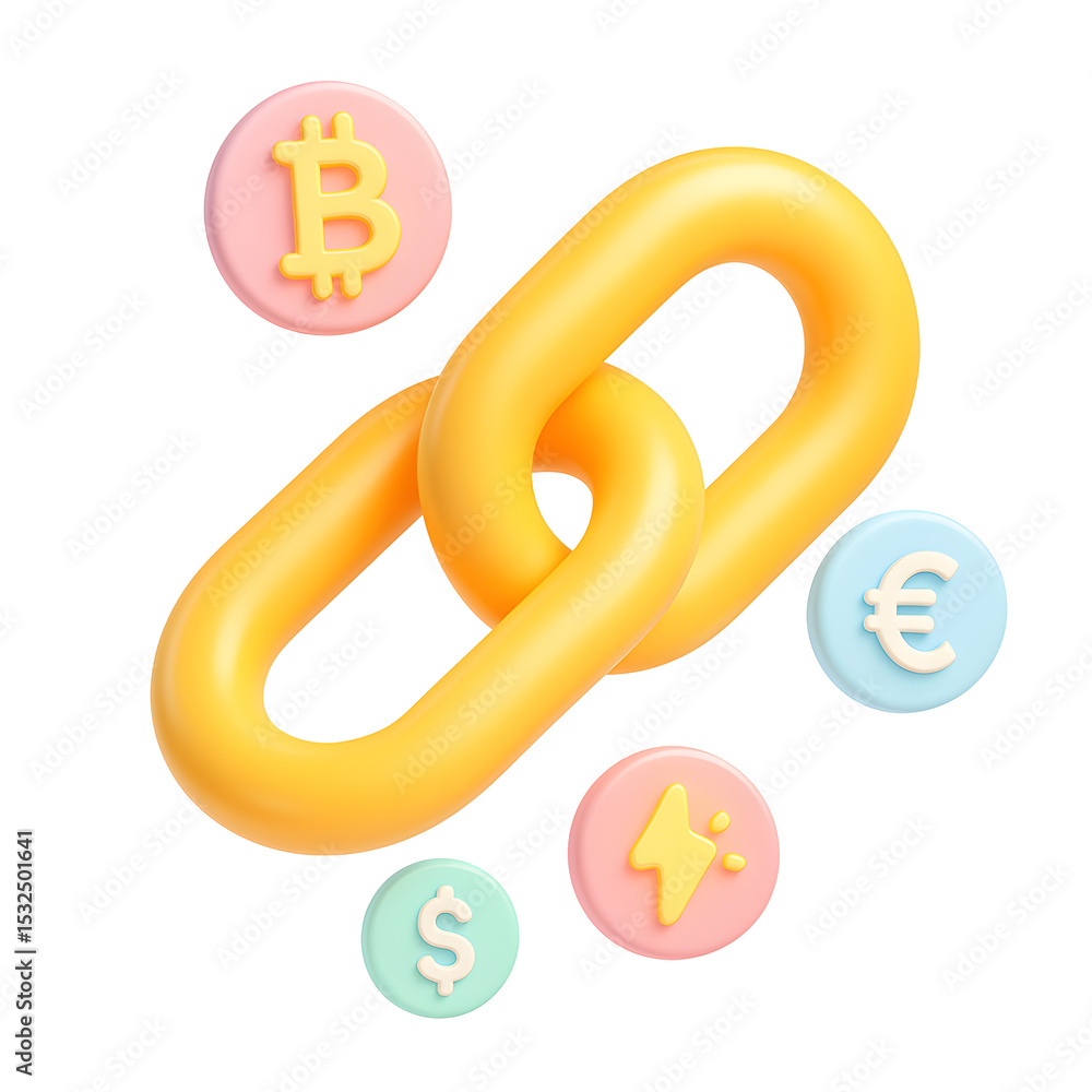 Poster create 3d icon png of financial links with cryptocurrency symbols in a colorful environment