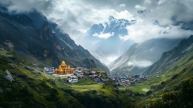 Panoramic shot of Badrinath Temple surrounded by Himalayas