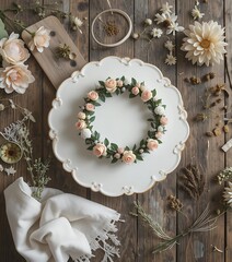 Rustic wooden table flat lay with ceramic cake stand, floral crown ring, and sustainable decor spread out softly.