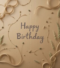Minimal eco birthday background with kraft wrapping paper, jute ribbon curls, and wild grass textures.