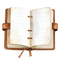 An open, rustic leather bound notebook features blank lined pages, perfect for jotting down notes, journaling, or planning. The watercolor style adds a charming, artistic touch.