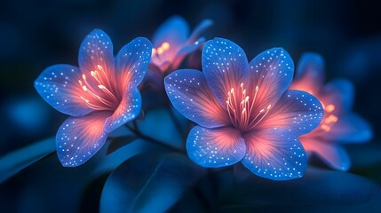 Glowing Fantasy Flowers in Neon Blue and Pink Futuristic Floral Art AI Generative