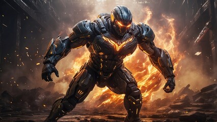 Fototapeta premium Epic Muscular Warrior Facing Fiery Heart-Shaped Explosion in Apocalyptic Scene