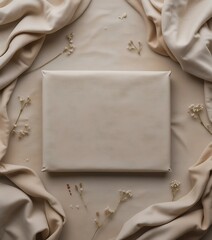 Muted birthday flat lay with folded linen cloth, negative space center, and high-contrast product-ready layout.