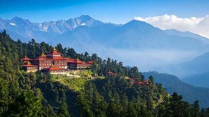 Mountain landscape of Tawang Monastery with blue sky