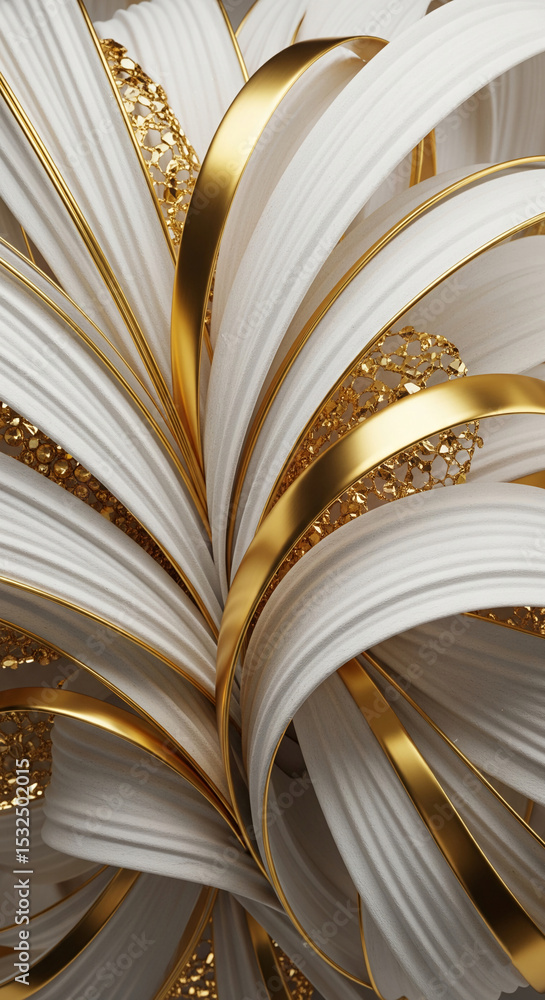 Poster abstract image of swirling white textured ribbons interwoven with gold accents, creating a luxurious