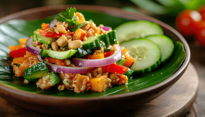 Close-up of traditional Indonesian gado-gado salad with peanut sauce, fresh vegetables, tempeh, and peanuts, served on banana leaf