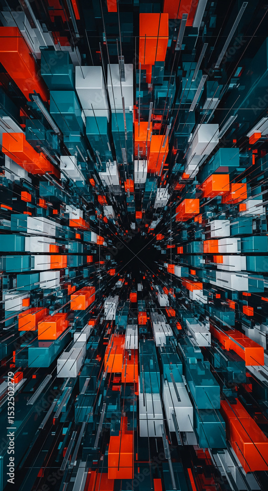 Poster Abstract image of teal, orange, and white cubes forming a tunnel-like perspective, creating a dynamic and futuristic digital art piece