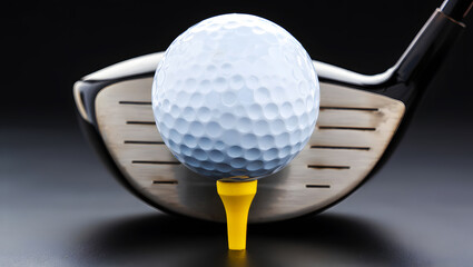 Golf ball perfectly balanced on tee ready to be struck by driver on black background
