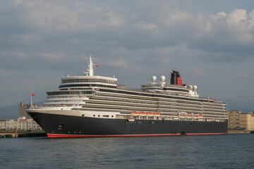 Classic ocean liner cruiseship cruise ship Elizabeth in port of Aomori, Japan with skyscraper...