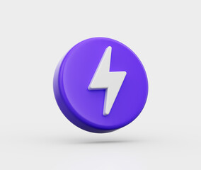 Purple icon with a white lightning bolt symbol, symbolizing energy, power and speed, 3d illustration