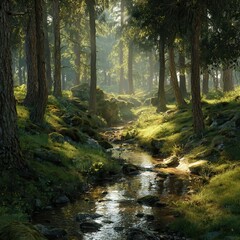 Obraz premium Clear Stream Winding Through a Sunlit Forest.