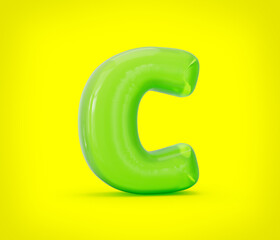 Green colorful shiny jelly alphabet C isolated on yellow background. 3d illustration