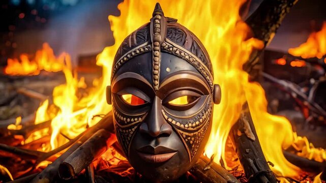 Elaborate tribal mask positioned above bonfire, featuring intricate carvings and geometric patterns, set in a dark ritualistic setting.