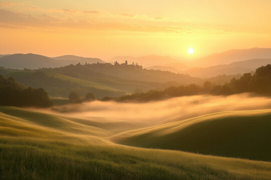 Summer sunrise over rolling hills, soft mist and golden-orange sky tones