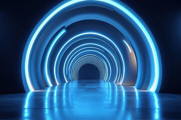 Obraz premium Abstract Neon Blue Circular Tunnel Futuristic Glowing Corridor
