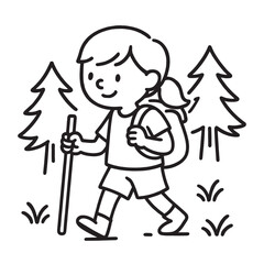 Girl Hiking in the Forest with Backpack - Outdoor Adventure Line Art for Kids and Coloring Pages