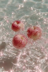Fototapeta premium A high-resolution front-facing photo of three or four ripe pink peaches falling into clear pink water with no air bubbles. The scene is captured just as the peaches are entering or.