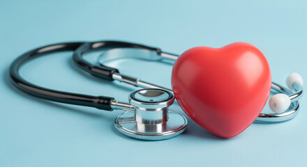 Stethoscope and red heart on light-blue background, symbolizing healthcare, cardiology, and heart health awareness.  Valentines Day concept
