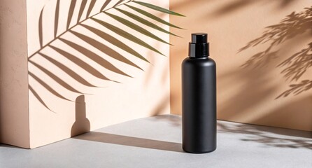 Matte Black Cosmetic Pump Bottle on Beige Background Minimalist Beauty Product Packaging with Palm Leaf Shadows for Skincare Branding
