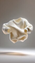 Obraz premium white sweater floating horizontally in the air, descending from the ceiling to the floor, looking weightless, without human presence, surreal and not subject to gravity, have soft.