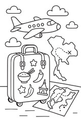Travel to Thailand with Suitcase and Plane - Cute Adventure Line Art for Cultural and Educational Themes