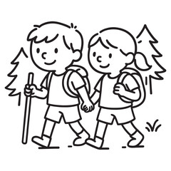 Kids Hiking Together in Nature - Cute Outdoor Adventure Line Art for Coloring and Learning