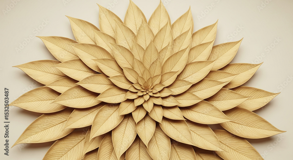 Poster golden leaves arranged in a circular pattern, creating a floral design, showcasing elegance and soph
