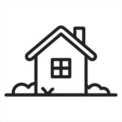 Simple House Icon with Yard in Black and White Line Art