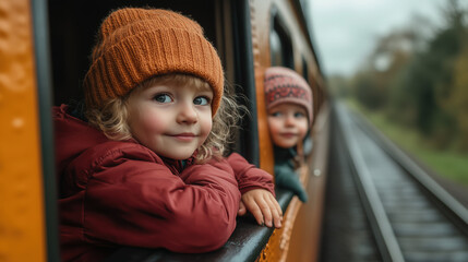 Obraz premium children looking out a train window while traveling with family through a scenic rural area