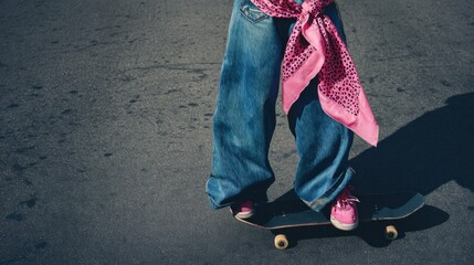 Street-style photo of a teenager in wide jeans and pink sneakers balancing on a skateboard ideal for youth fashion lookbooks, urban lifestyle visuals and casual sports promotions
