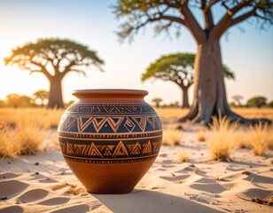 Traditional clay pot with Tswana geometric patterns placed on sandy ground with baobab trees behind.