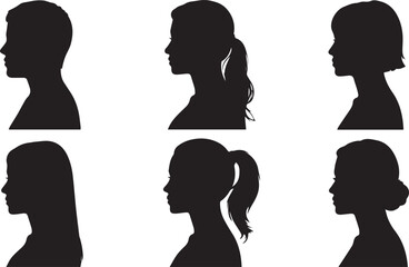 Diverse Female and Male Profile Silhouettes with Various Hairstyles on White
