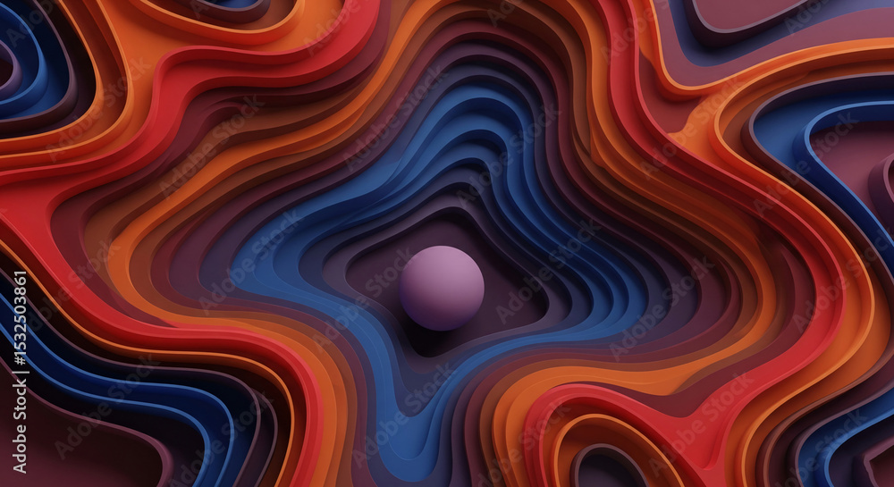 Poster abstract image of layered, wavy shapes in blue, orange, and red hues, with a small purple sphere in 