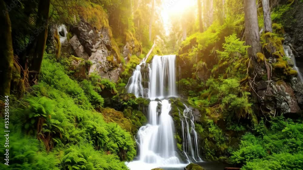 Poster scenic waterfall cascading over mossy rocks in lush green forest with sunlight filtering through tre