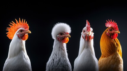 Fototapeta premium Colorful Group of Four Unique Chickens with Distinctive Hairstyles Posing Against a Dark Background