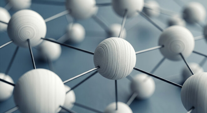 Close-up of interconnected white spheres with a wood-grain texture, forming a complex network, symbolizing connection, collaboration, or global communication