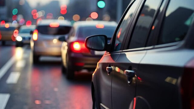 Vehicles are caught in heavy traffic at a city intersection, with fines for traffic violations prominently displayed	