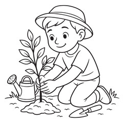 Boy Planting a Small Tree - Cute Environmental Activity Line Art for Kids and Education