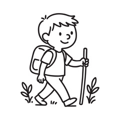 Adventure Boy Hiking with Backpack - Simple Line Art for Kids and Coloring Pages
