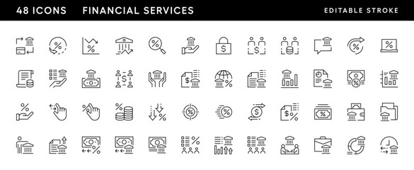 Financial services line icon collection. Transaction, payment, budget, income, invoice, banknote, money flow, banking services and more. Editable stroke. Pixel Perfect. Grid base 32 x 32.